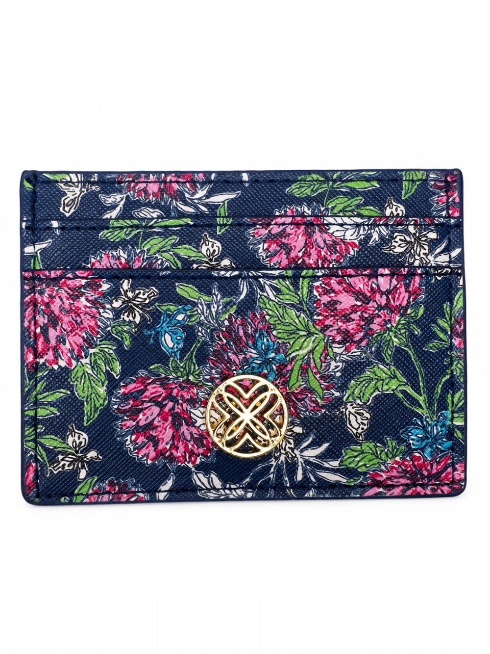 Tory Burch Navy Floral Card Holder with Gold Emblem